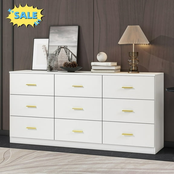 Tcbosik 9 Drawer Dresser for Bedroom, Chest of Dressers, Large Night Stand for Closet, Entryway, Living Room, Antique White