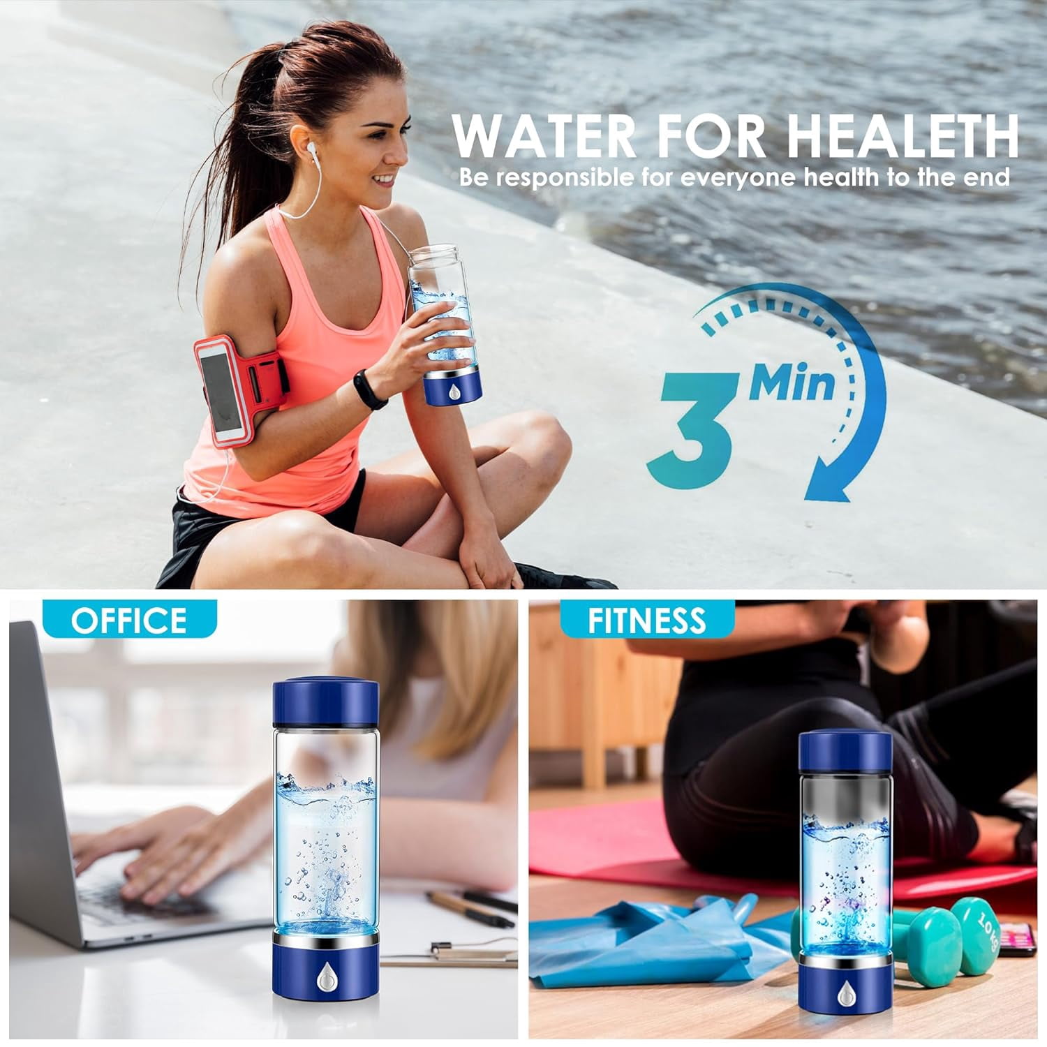 Hydrogen Water Bottle with PEM SPE Technology - 2024 for Men Women - A Portable Rechargeable Hydrogen Water Generator with Gift Box, Hydrogen Water Ionizer Machine for Home Office Travel (Silver)