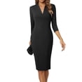 thumbnail image 3 of Vestido elegante de cóctel retro ajustado con escote en V y mangas 3/4 para mujer, vestido de tubo de negocios a media pierna B760, 3 of 8