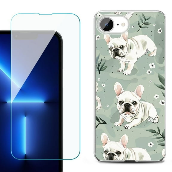 For For iPhone 16e Phone Case Cover, Shockproof Case with Tempered Glass Screen Protector, by OneToughShield - French Bulldog