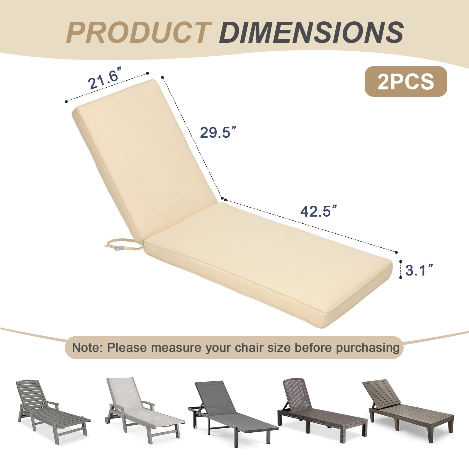 BPS 72" x 21" x 3" Outdoor Chaise Lounge Cushion, Fade & Water Resistant Patio Chair Cushion, Set of 2 - Cream Yellow