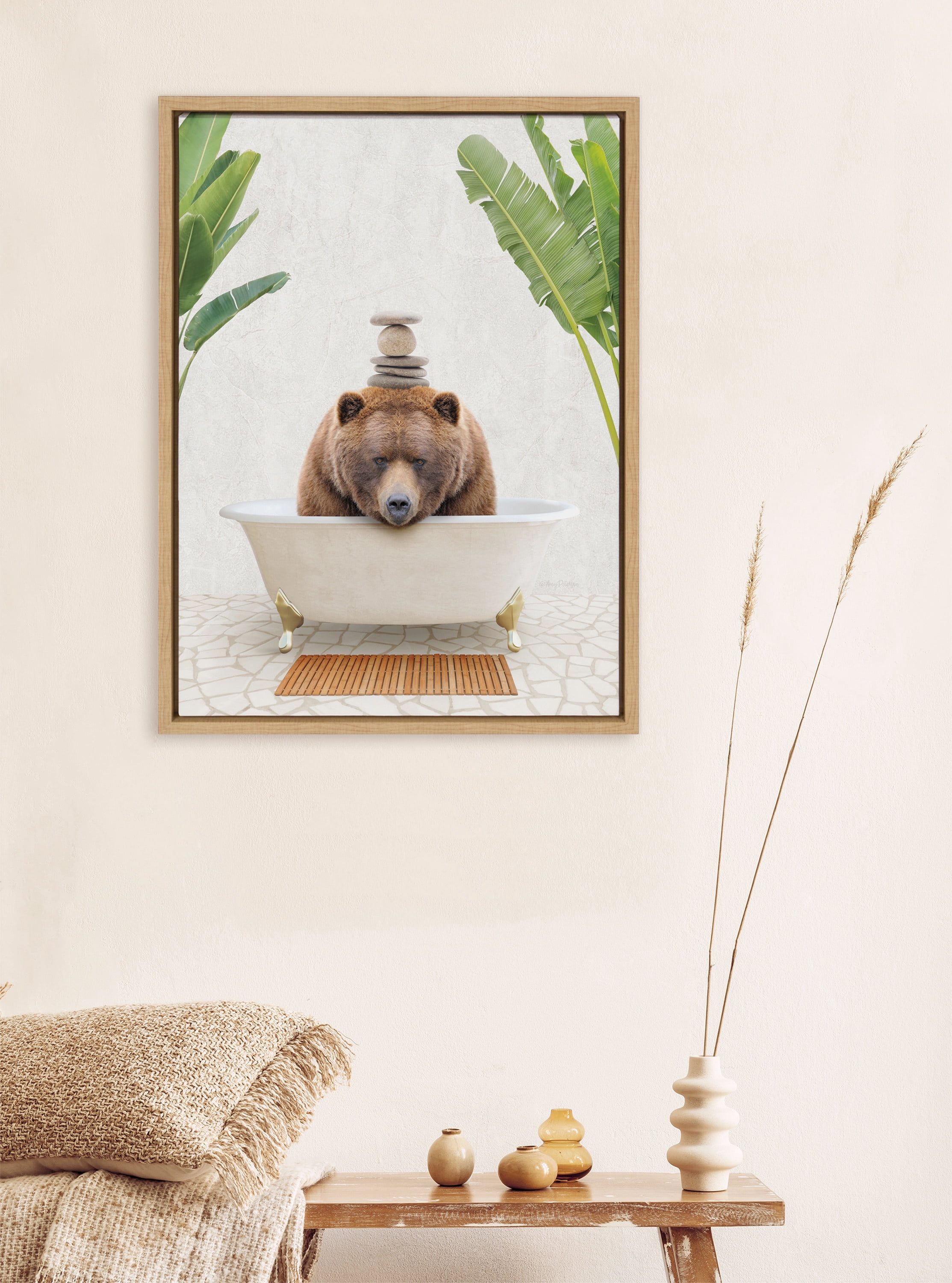 Kate and Laurel Sylvie Big Bear Bali Bath Framed Canvas Wall Art by Amy Peterson Art Studio, 18x24 Gold, Glam Bathroom Art Wall Décor