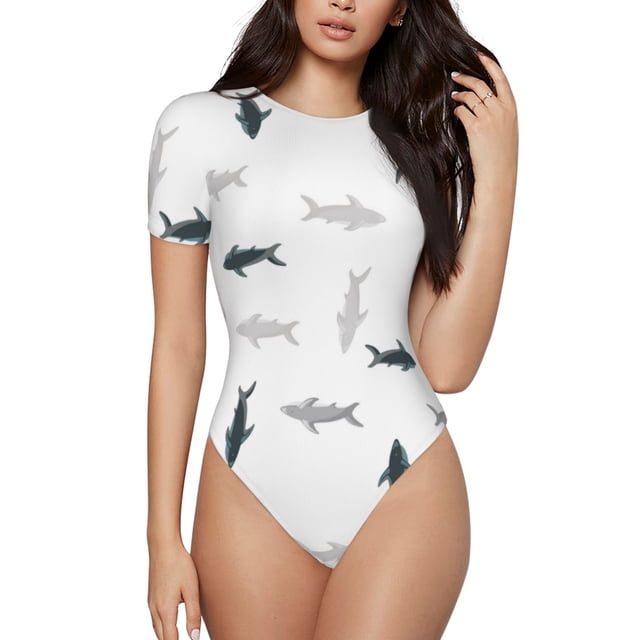 Saiise Mignon Motif de Requin Grenouillère à Manches Courtes pour Femmes Col Rond Pyjama Justaucorps Extensible avec Fermeture à Pression-TTTG