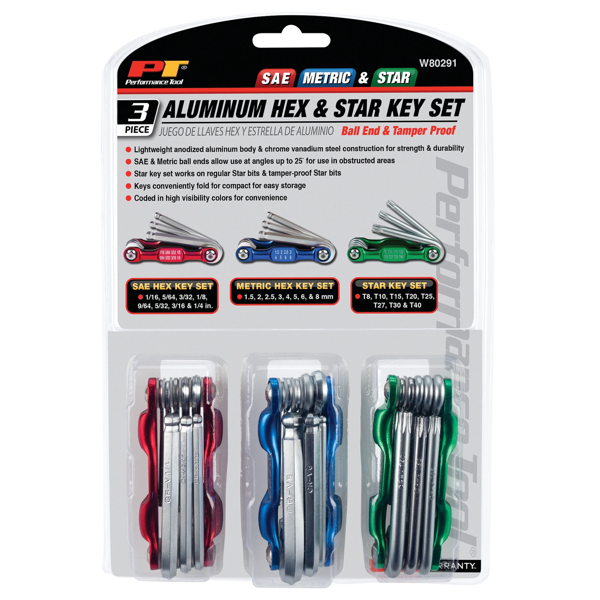 Performance Tool W80291 Aluminum Hex and Star Key Set, 3-Piece