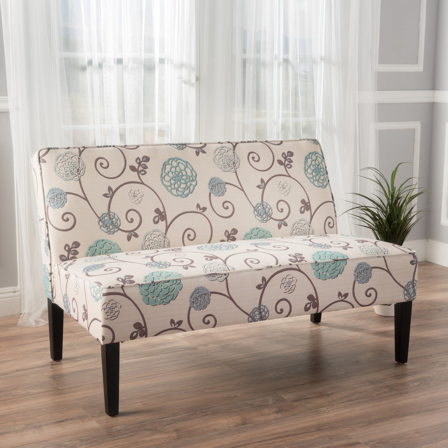 50" Upholstered Loveseat Sofa Modern 2 Seater Couch with Birch Wood Legs, Linen Fabric Small Space Sofa for Living Room Bedroom Office, White+Blue