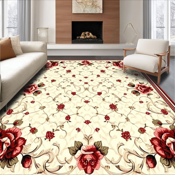 ODIKA 4' x 6' Machine Washable Non-Slip Area Rug, Traditional Rose High Traffic Rug, Red, 134583