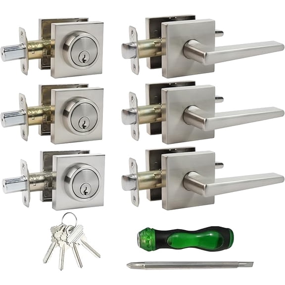 Front Door Handle and Deadbolt Set, Square Heavy Duty Exterior Door Knob with Deadbolt, Brushed Nickel, 3pack