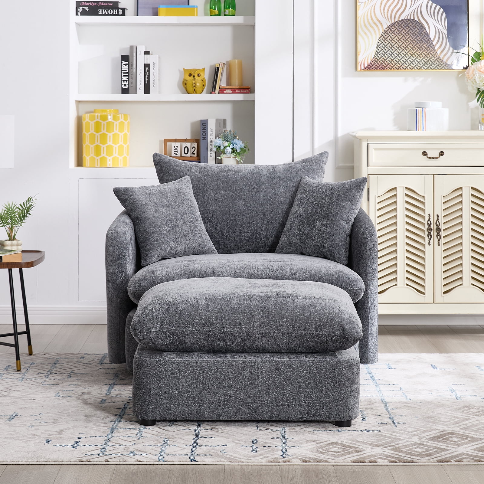 44.6" W Oversized Swivel Armchair with Ottoman,37.8" Large Seat Width Accent Chair with 3 Pillows
