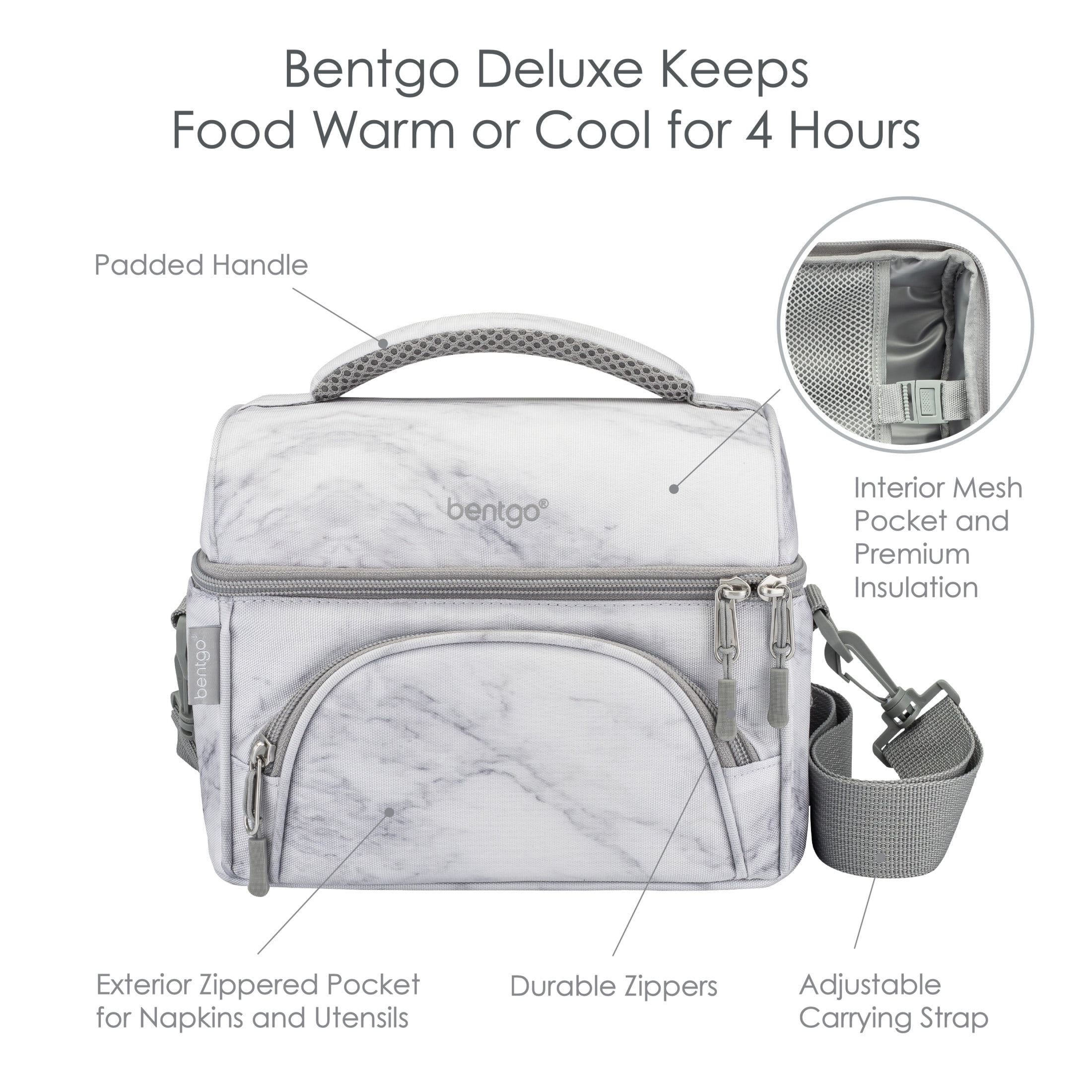 Bentgo Deluxe Lunch Bag - Durable and Insulated Lunch Tote with Zippered Outer Pocket, Internal Mesh Pocket, Padded & Adjustable Straps, & 2-Way Zippers - Fits Most Bentgo Lunch Boxes (White Marble)
