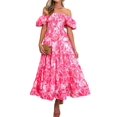 thumbnail image 2 of Women'S Summer Casual Midi Dress Puffy Short Sleeve Square Neck Smocked Tiered Ruffle Dresses Pink Flowers XL, 2 of 7