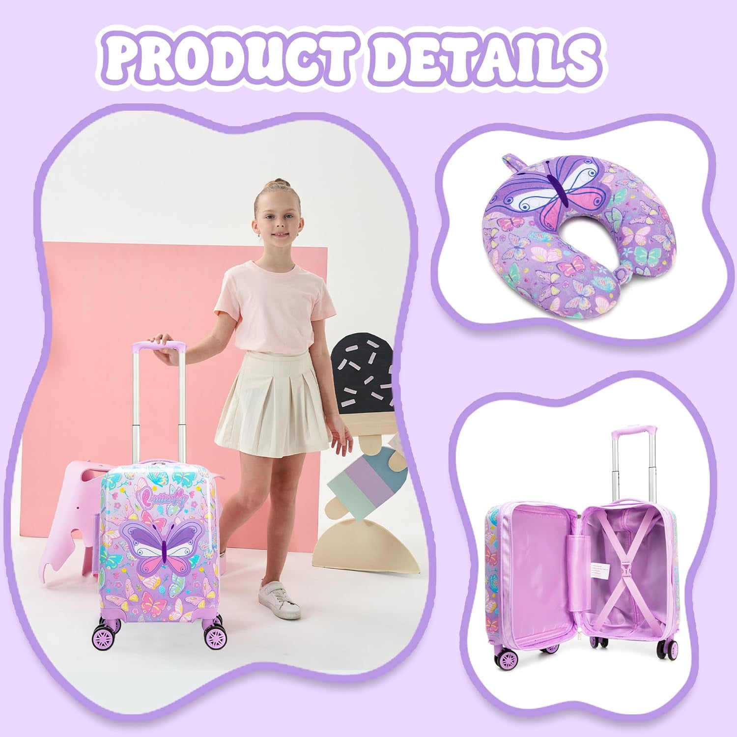 Kids Carry on Luggage Sets for Girls Hard Shell Suitcases with Wheels Hardshell Suitcase with Duffle Bag for Travel Neck Pillow Airplane Butterfly