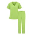 thumbnail image 4 of Karymi Workout Tops for Women Solid Scrub Set, V-Neck Short Sleeve Loose Top & Elastic Waist Self Tie Bow Straight Leg Pants with Multi Side Pockets Womens Workout Tops, 4 of 5