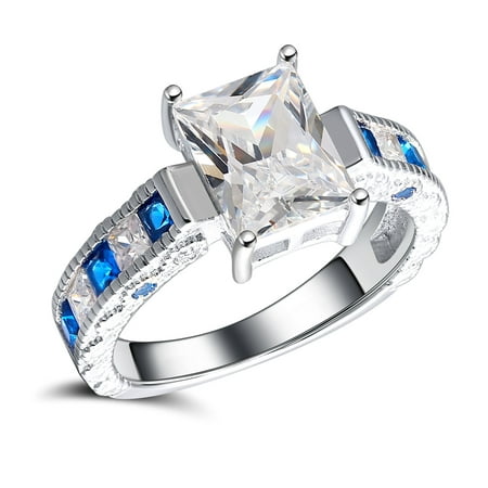 Katharina Sterling Silver 2.5CT Emerald Cut Blue Accent CZ Engagement Wedding Bridal