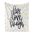 thumbnail image 1 of Live Laugh Love Soft Flannel Fleece Throw Blanket, Hand Lettering on Dotted Backdrop Inspirational Phrase, Cozy Plush for Indoor and Outdoor Use, 50" x 70", Black White Yellow, by Ambesonne, 1 of 6