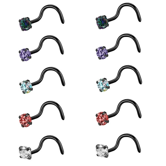 ZS 10Pcs 20g Claw Crystal Nose Ring Piercing Black Plated Nostril Piercing L Shape Nose Stud Piercing