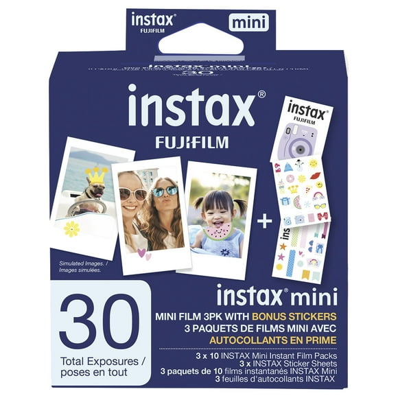 Fujifilm Instax Mini Film 3 Pack (30 exposures) with BONUS Stickers, 30 sheets + Bonus Sticker