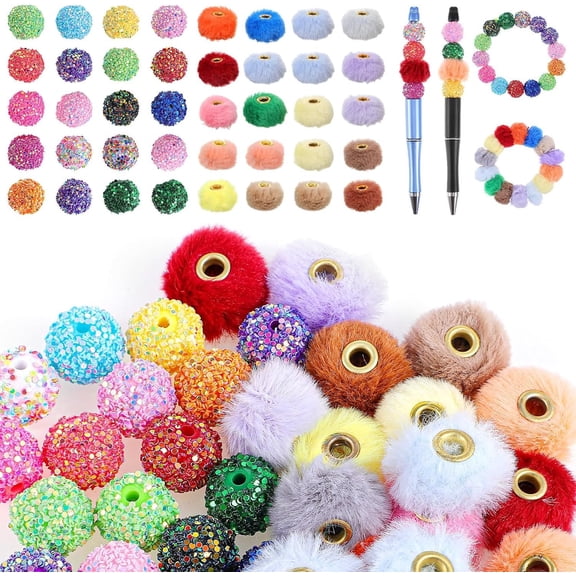 40 count Beads for Beadable Pens, Color Fuzzy Beads and Rhinestone Bead for Pen, 16mm and 20mm Diameter for DIY Making, Beadable Pens, Keychains, Lanyards and Crafts