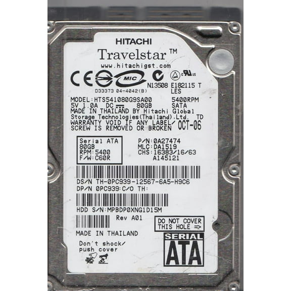 HTS541080G9SA00, PN 0A27474, MLC DA1519, Hitachi 80GB SATA 2.5 Hard Drive