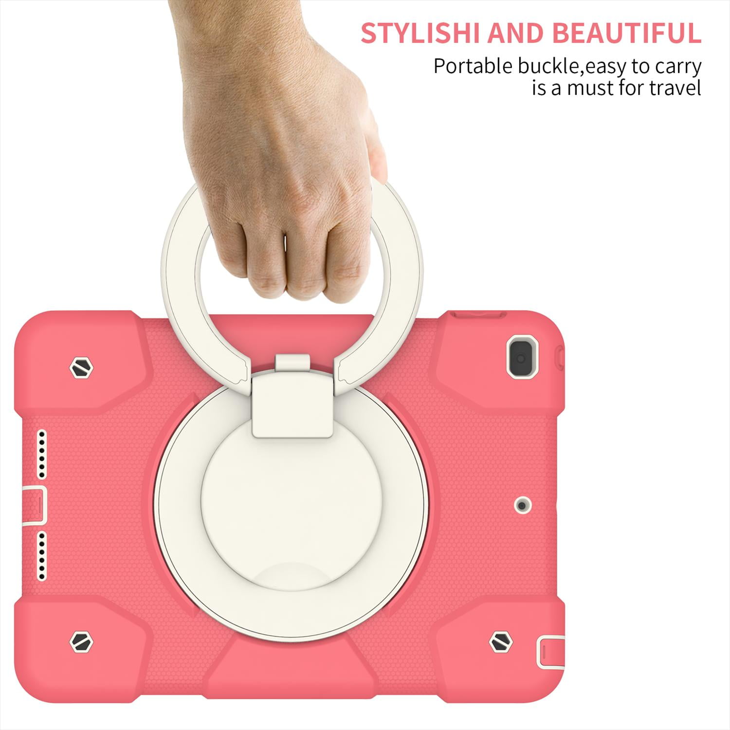 Allytech Case for iPad 9th/8th/7th Generation 10.2", Kids Case with 360° Rotating Folding Ring, Pencil Holder, Strap Drop-Proof Case for iPad 9/8/7 Gen 2021/2020/2019, Begonia Red