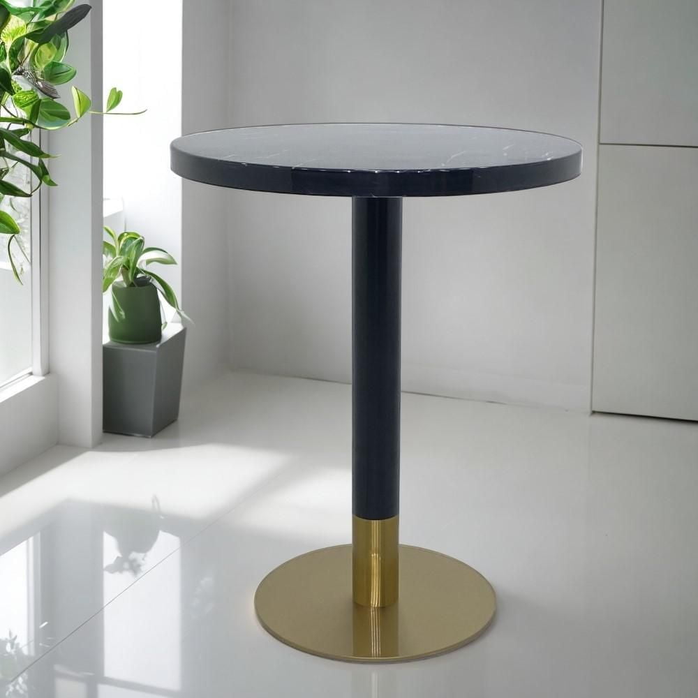 Modern Roza Dining Table in White Faux Marble with Black and Gold Brass Base Details – A Chic and Compact Design, Perfect for Small Spaces or Restaurants, Combining Contemporary Elegance with Practica