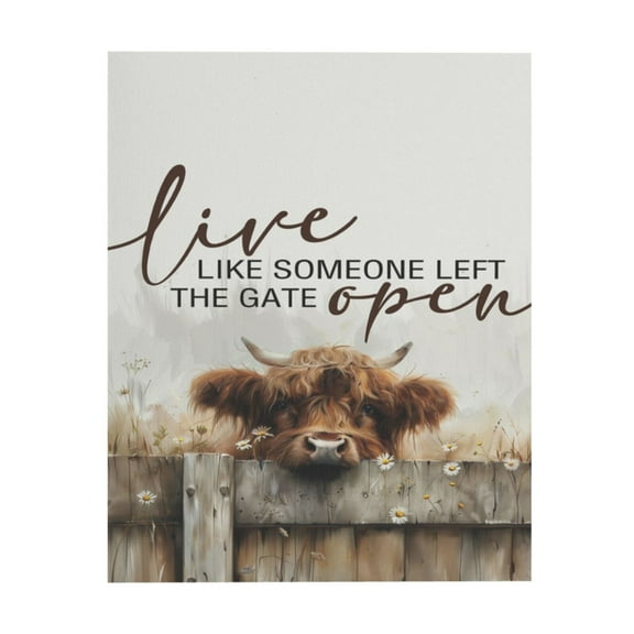 XUFX Live Like Someone Left the Gate Open Highland Cow Wall Art,Farm Cottagecore Animal Canvas Wall Art Decor for Home Living Room, Rustic Country Highland Cow Canvas Pictures 8x10inch Unframed