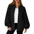 thumbnail image 6 of WTOBBY Women's Oversized V-Neck Zip-Front Jacket, Long Sleeve Solid Color Loose Fit Shacket, Casual Streetwear Open Style Coat, Lightweight Layering Piece for Women,Black L, 6 of 6
