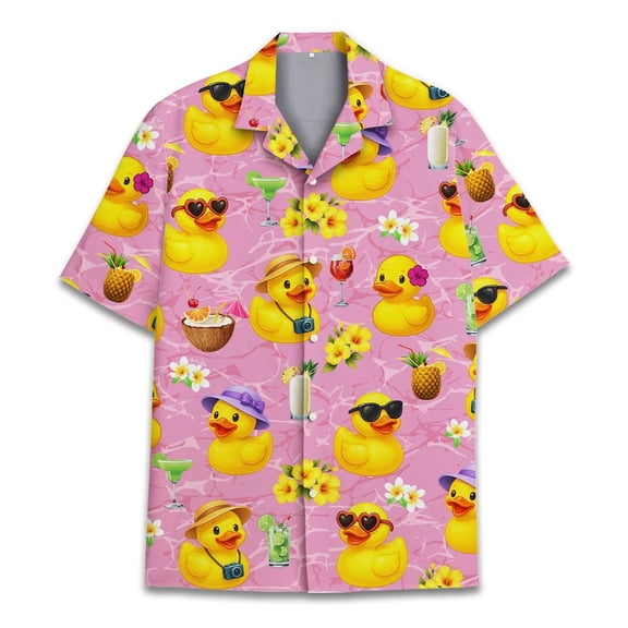 Funny Rubber Duck Hawaiian Shirt, Cute Vacation Duck Button Down Shirt, Tropical Pink Summer Beach Short Sleeve Shirt