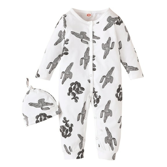 Newborn Baby Boys Romper 3 Months Boys One-piece Bodysuit Cactus Print Newborn Boys Long Sleeve Bodysuit with Hat White