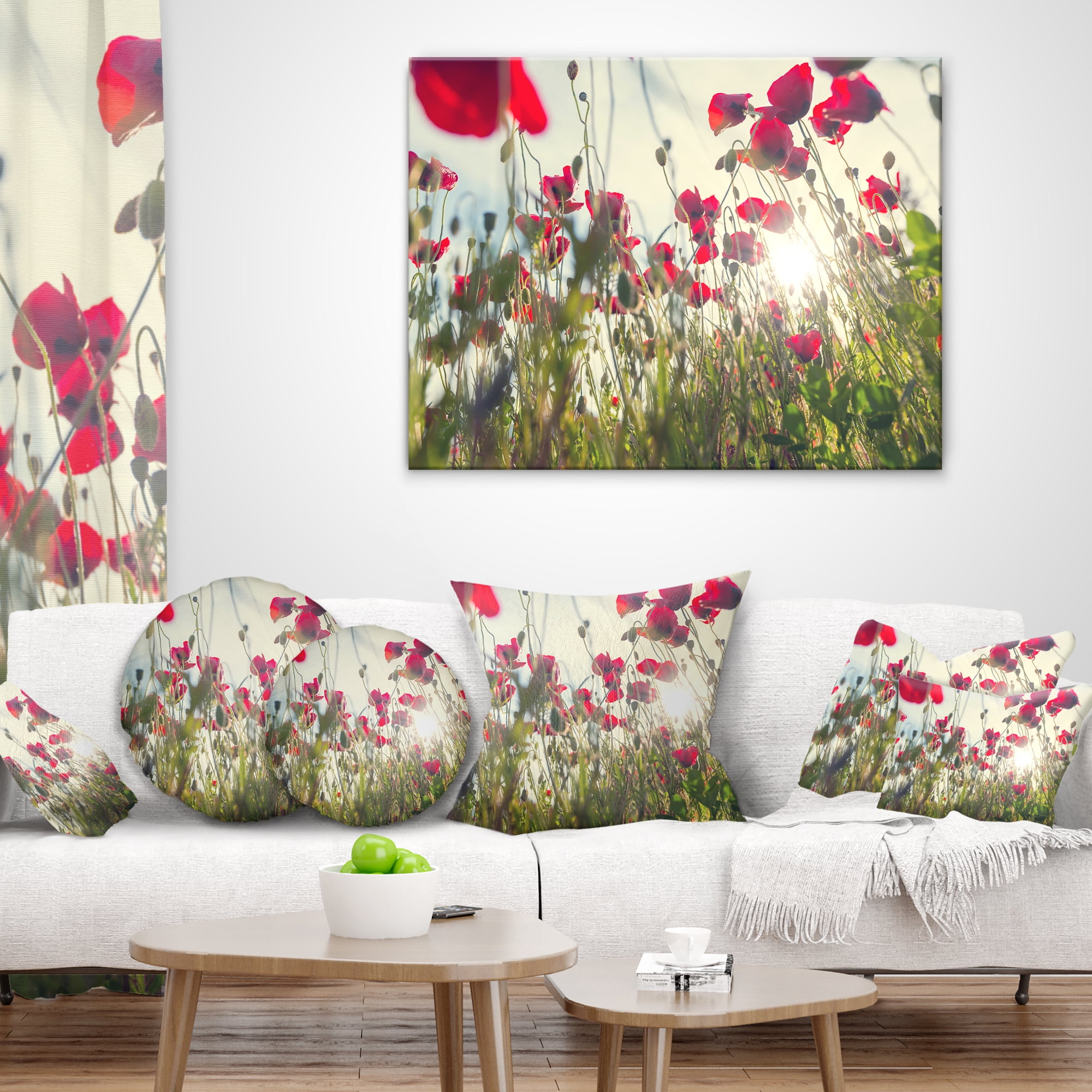 Designart Poppy Flowers on Summer Meadow - Floral Throw Pillow - 18x18