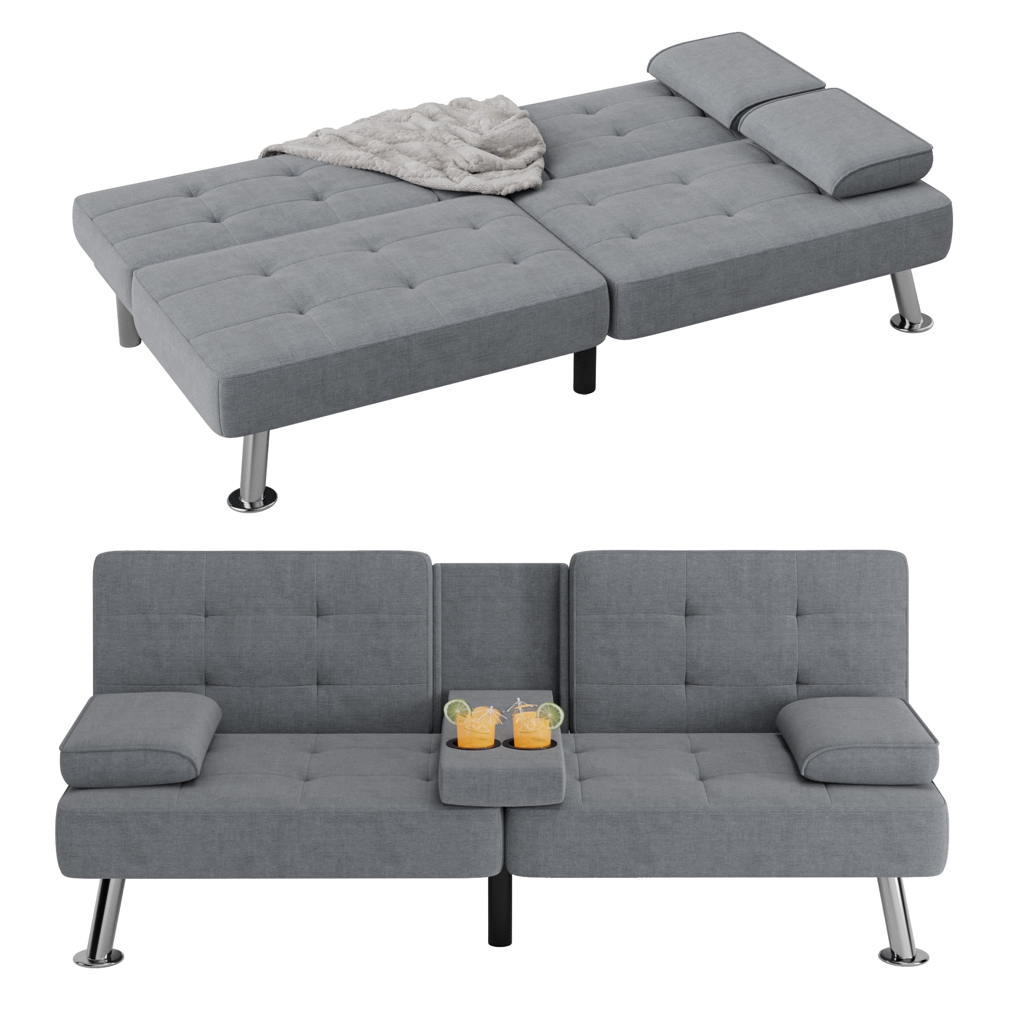 Homall Linen Convertible Futon with Cupholders, Removable Armrests, and Metal Legs, Dark Gray