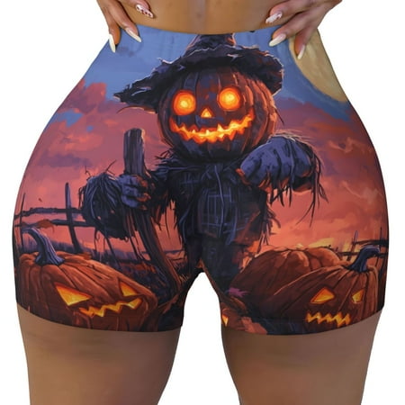 Workout Shorts Women  Halloween Funny Pumpkin Cute Biker Shorts for Women Running Gym Spandex Shorts Tummy Control