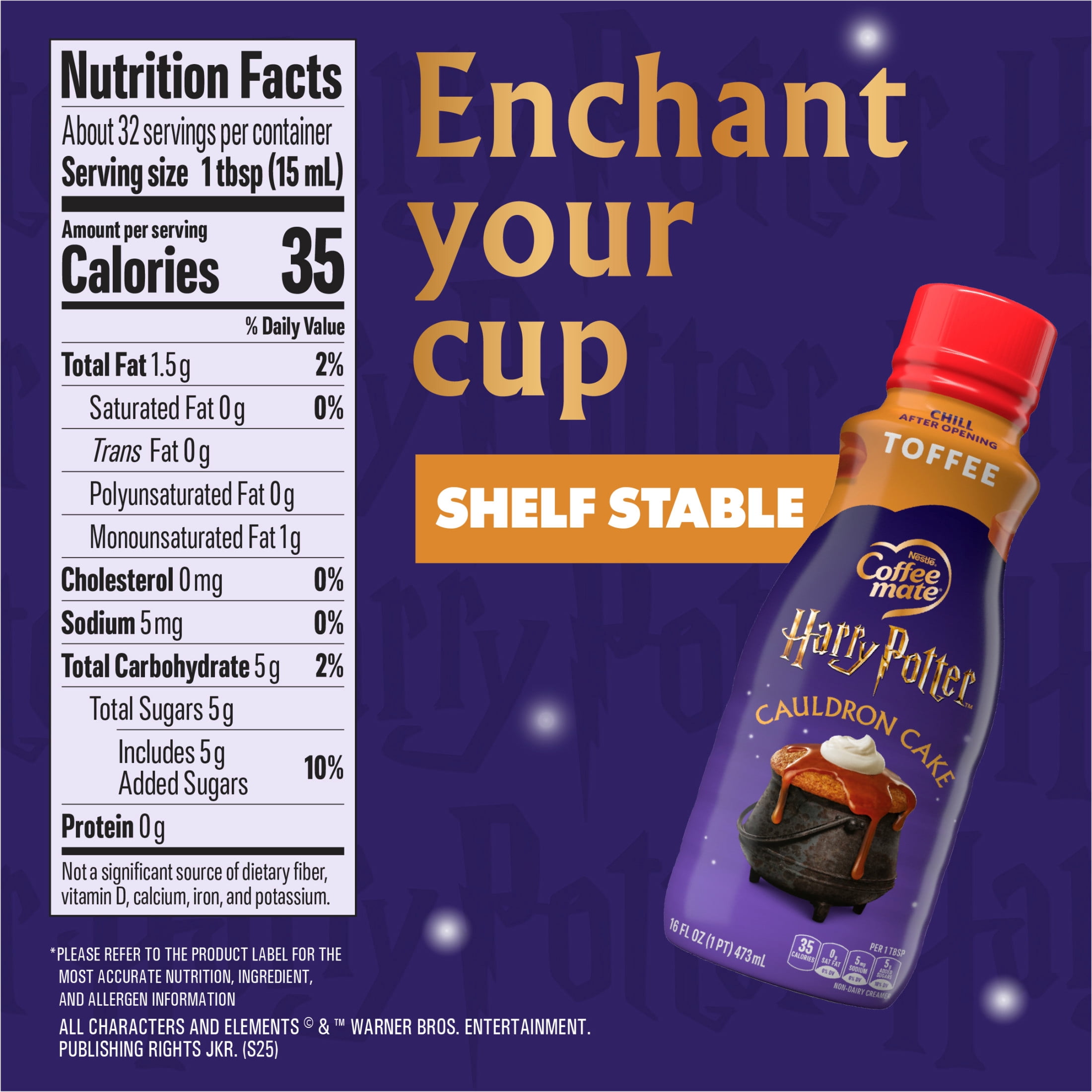 Coffee mate Harry Potter Cauldron Cake Toffee Flavored Shelf Stable Creamer, Non Dairy Liquid Coffee Creamer  16 fl oz