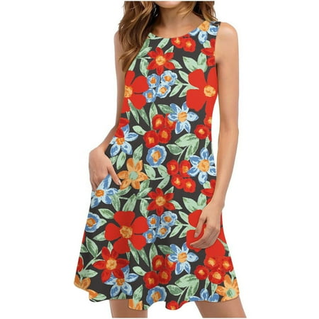 

asdoklhq Maternity Dress Summer Dresses For Women Beach Floral Tshirt Sundress Casual Pockets Boho Tank Dress