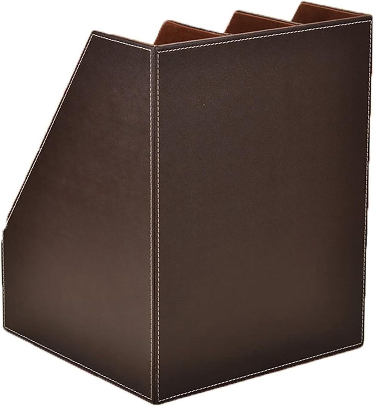 3 Tier Leather Magazine Holder - Vertical File Organizer with PU Leather Cover, Handmade Office Desk Organizer for A4/A3 Documents, Magazines, Books - Coffee (3 slot)