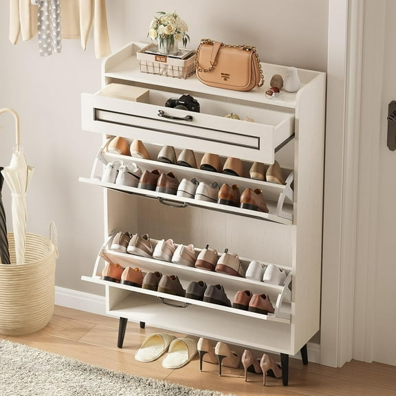 White Shoe Storage Cabinet with 2 Flip Drawers&1 Drawer, Shoe Cabinet with Legs for Entryway, Narrow Shoe Rack, Freestanding Shoe Organizer Cabinet for Hallway, Foyer