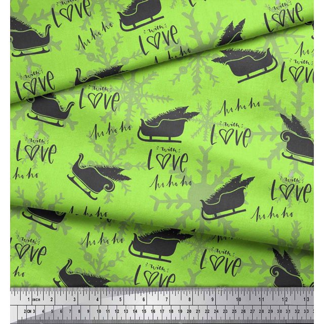 Soimoi Rayon Fabric Sleigh & with Love Text Printed Craft Fabric by The Yard 56 Inch Wide