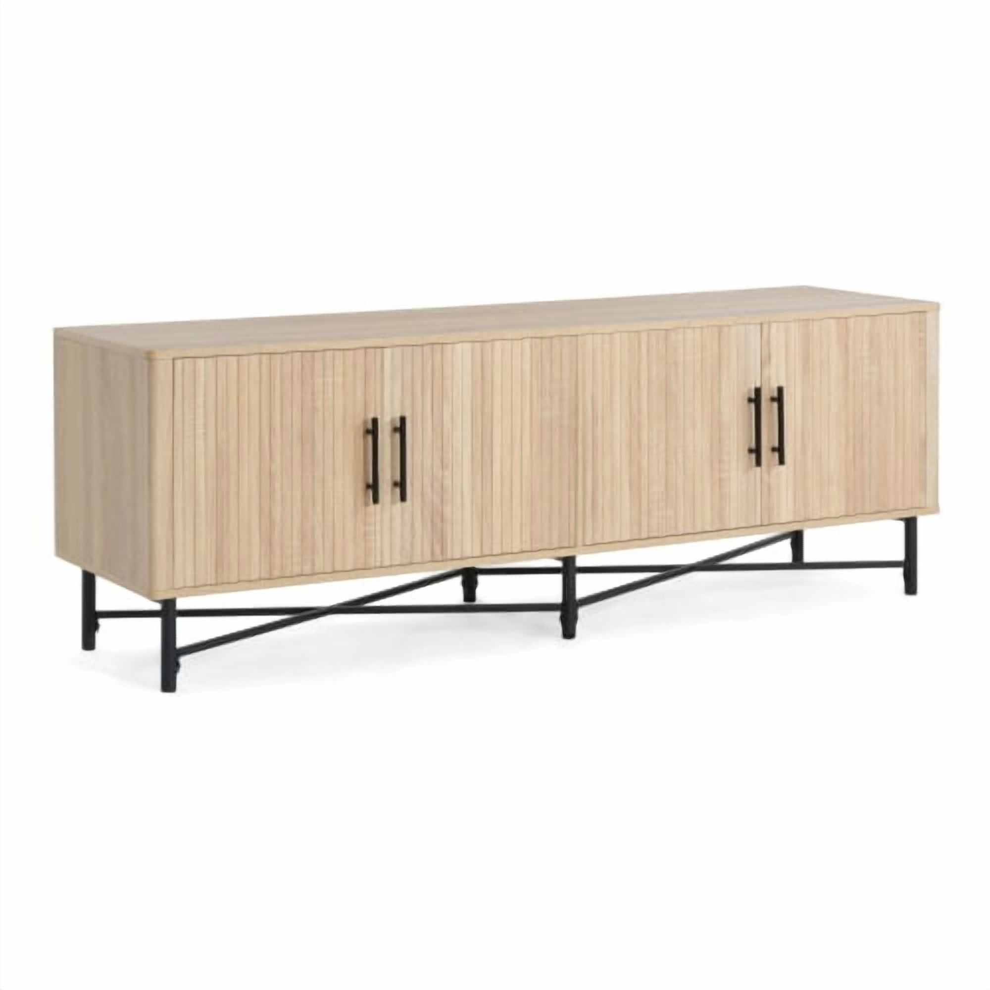 Functional 4-Door TV Cabinet, Modern Natural Entertainment Center with Adjustable Shelves, Cable Management, Iron Legs, Storage for Living Room, Fits 65 Inch TV, 66"x18"x23", Easy Assembly
