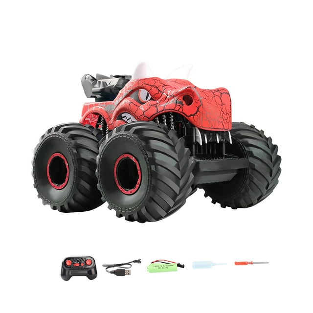 Coche de dinosaurio de control remoto con rociador y sonido ligero, juguete de coche de dinosaurio RC realista simulado juguete de coche eléctrico RC rojo