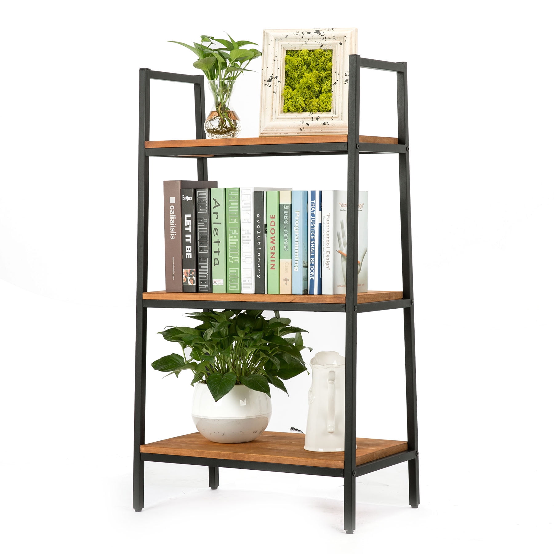 3Tier Industrial Shelf, Vintage Style, Solid Wood Rack and Sturdy Steel Tube Frame with Black