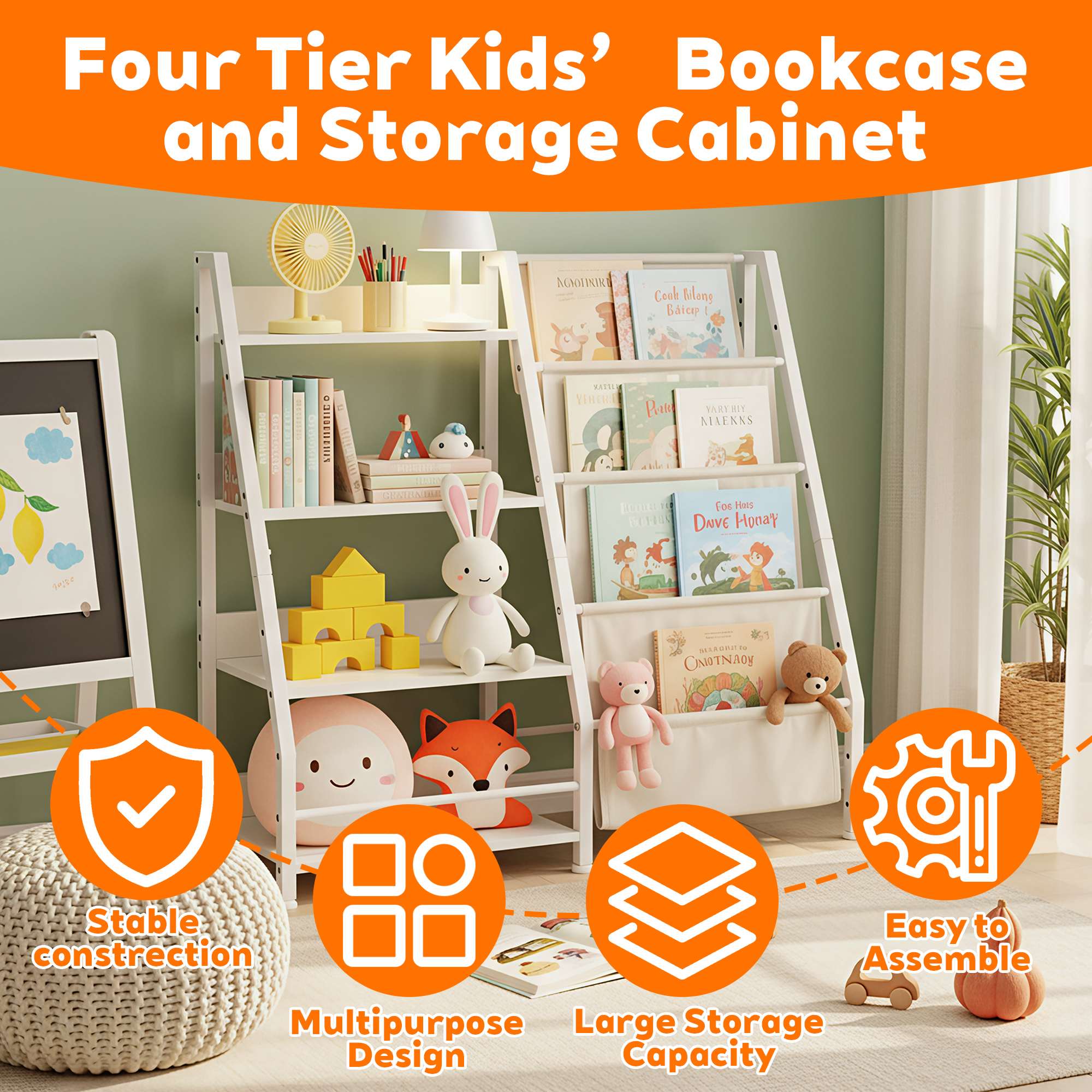 MAYEERTY Natural Wood Kids Bookshelf, 4-Tier Bookcase with Hanging Pockets, Children's Storage Organizer for Books & Toys