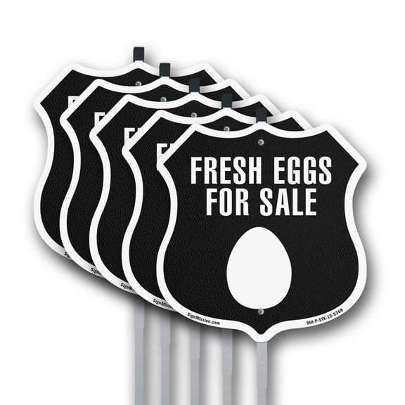 Fresh Eggs For Sale (5 Pack) 12 inch X 12 inch Shield Shaped Commercial Grade Plastic Signs with Aluminum Mounting Stakes Weather Resistant Made in the USA
