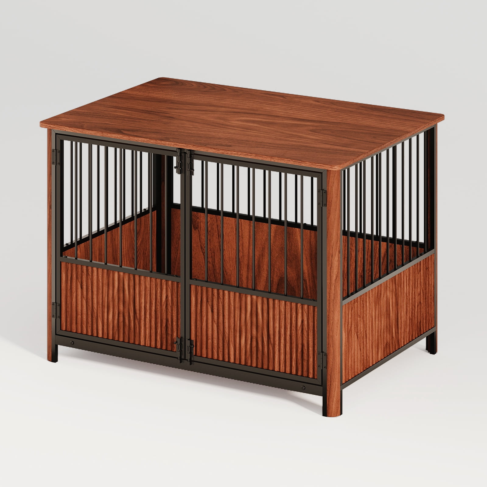 43" Walnut Fluted Furniture Style Dog Crate for Large & Medium Dogs, Decorative Pet House with Double Door, Indoor End Table Side Table Dog Cage