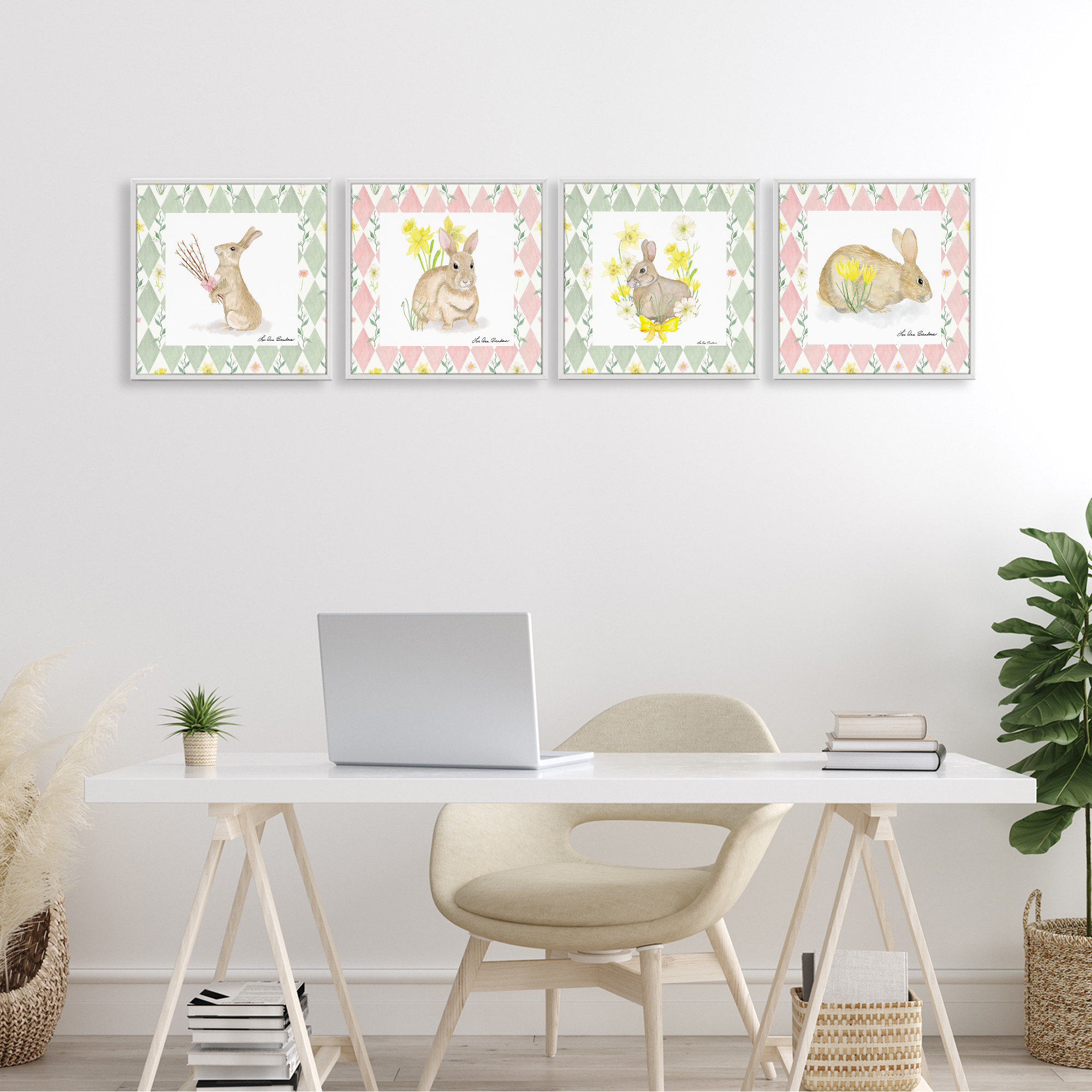 Spring Bunnies on Argyle 4 Piece White Framed Giclee Art Set, design by Lee Ann Sanders