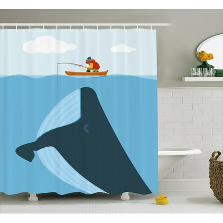 Whale Decor Shower Curtain Navy Themed Vintage Cartoon Design With Sun Ship And Mottos On It Artwork Fabric Bathroom Set With Hooks 69w X 84l