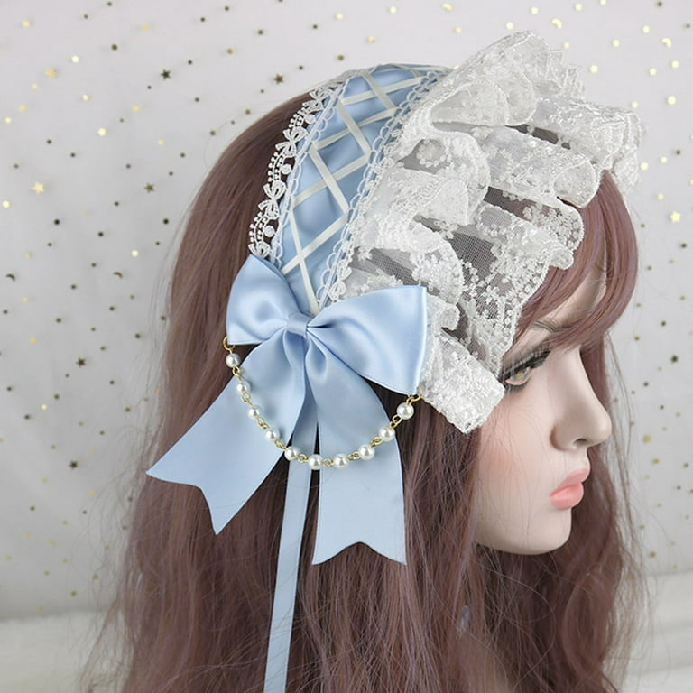 Lolita Ruffled Lace Headband Crisscross Ribbon Bow Pearls Lolita Ruffled Lace Headband Crisscross Ribbon Bow Pearls