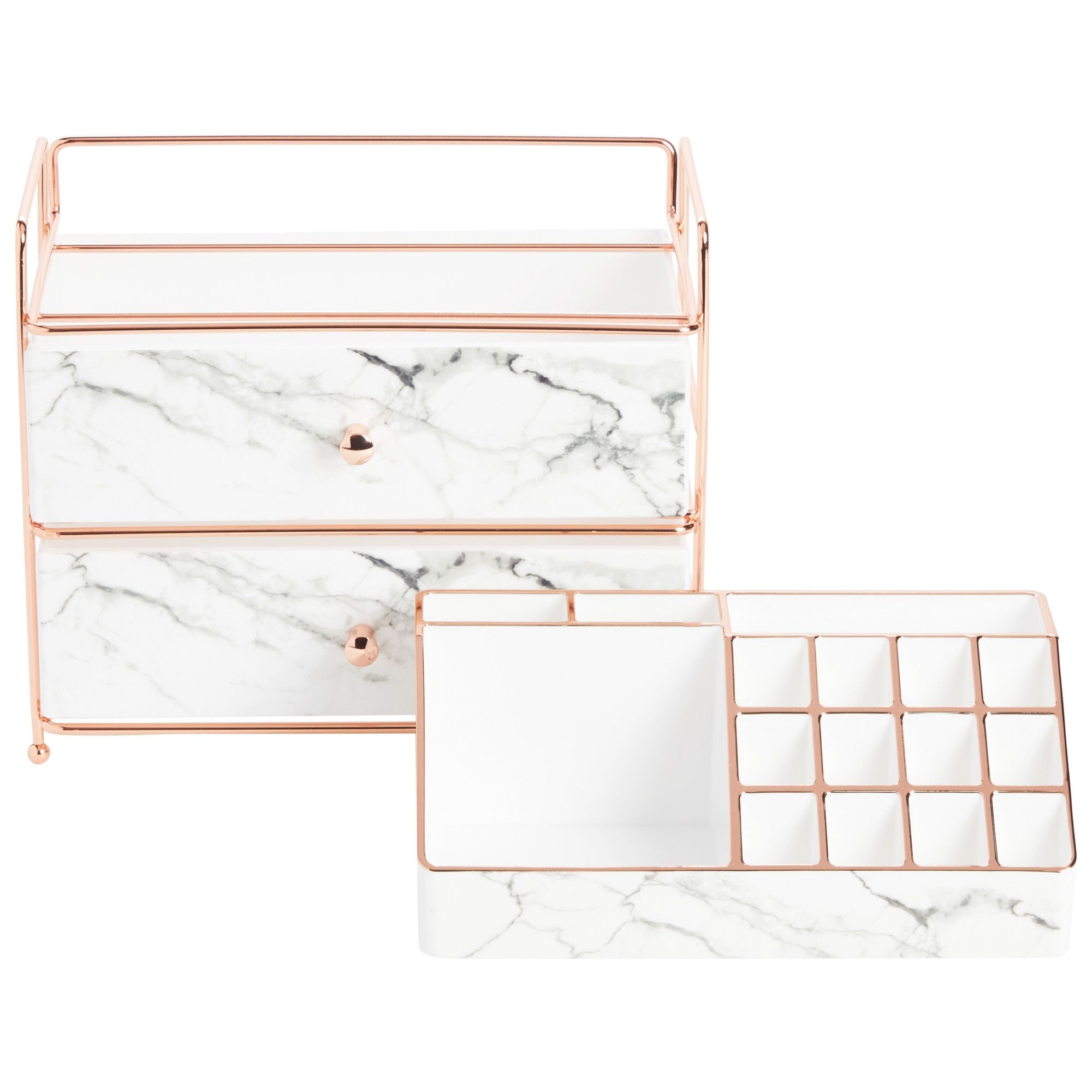 White Marble Makeup Organizer with Rose Gold Trim, Cosmetic Storage Drawers  for Vanity (9.5 x 9.5 x 5.5 in) 