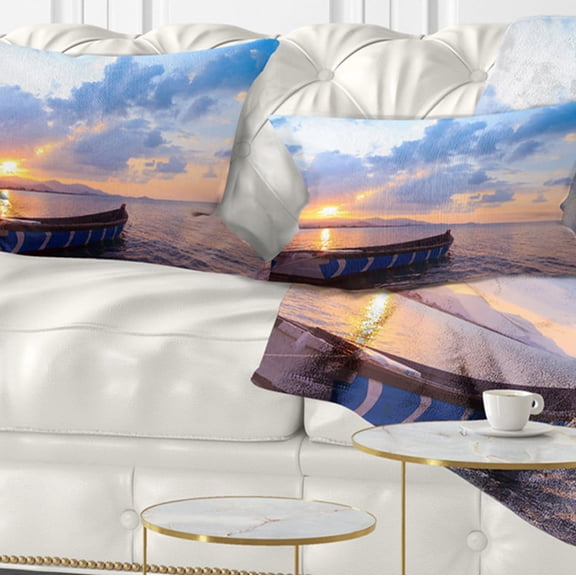 Designart Small Fishermen Boat at Sunset - Modern Seashore Throw Pillow - 12x20