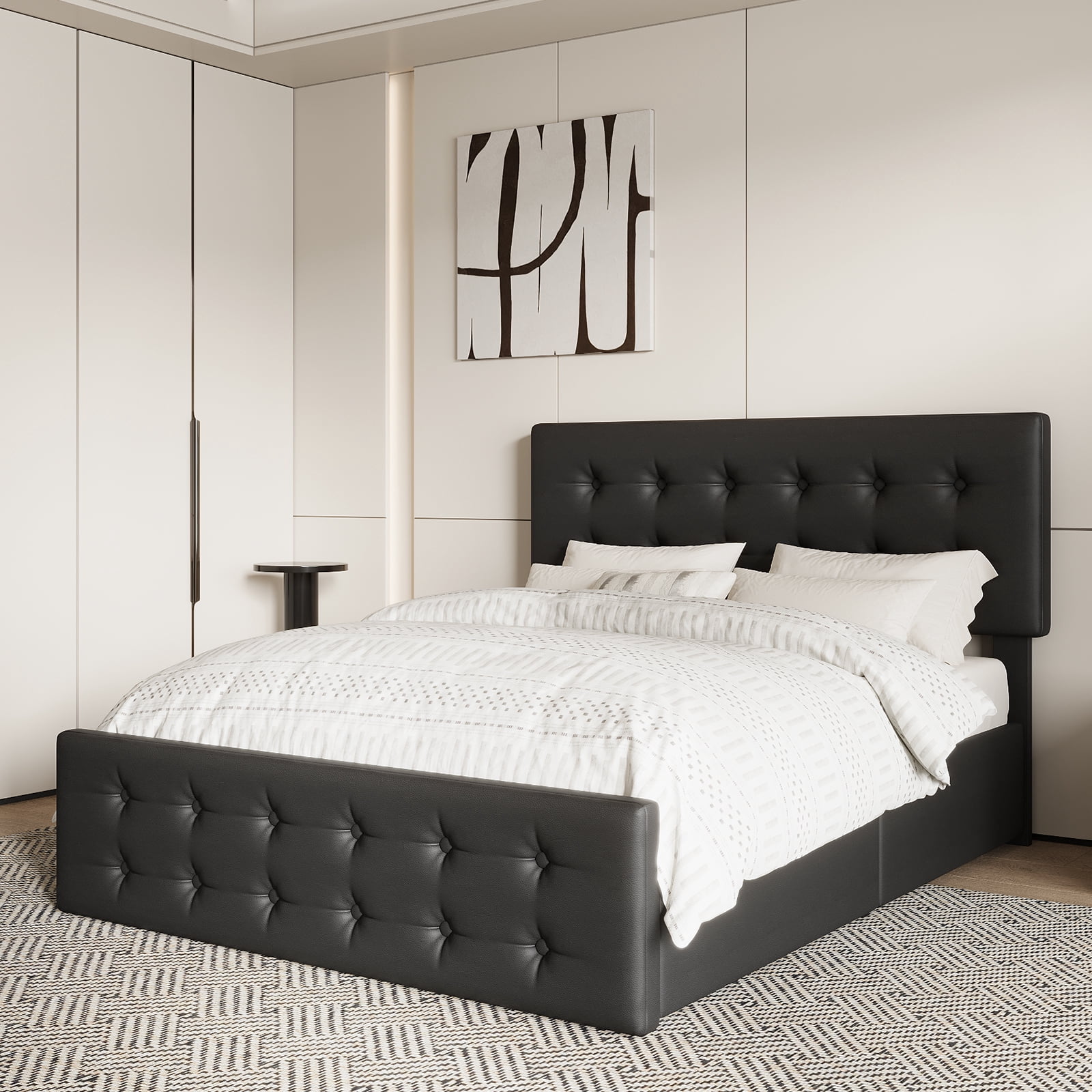 Full/Queen/King Size Upholstered Platform Bed Frame - Adjustable Headboard & 4 Storage Drawers, Button Tufted Design, No Box Spring Needed