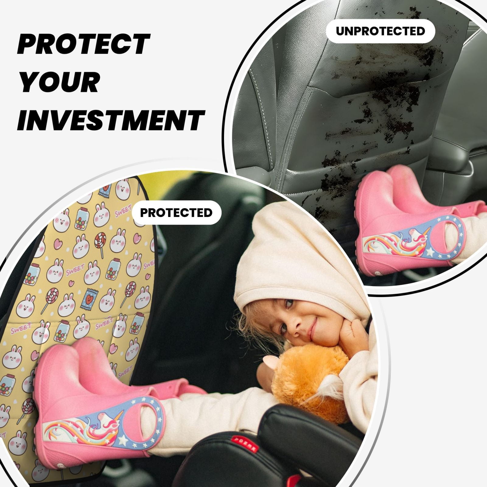 Xecao Rabbit And Candy Pattern Car Seat Back Protector 2 Pack Large Capacity Pocket, Kick Mats Back Seat Protector