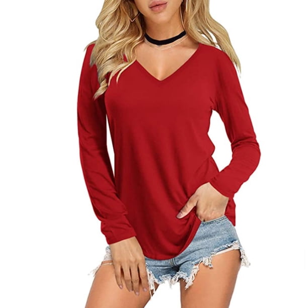 Qarigey Camiseta de manga larga para mujer, camisetas informales de Color sólido para mujer, jersey, ropa básica, ropa deportiva de poliéster para Prendas para la parte del cuerpo Rojo METRO Qarigey AP008666-07